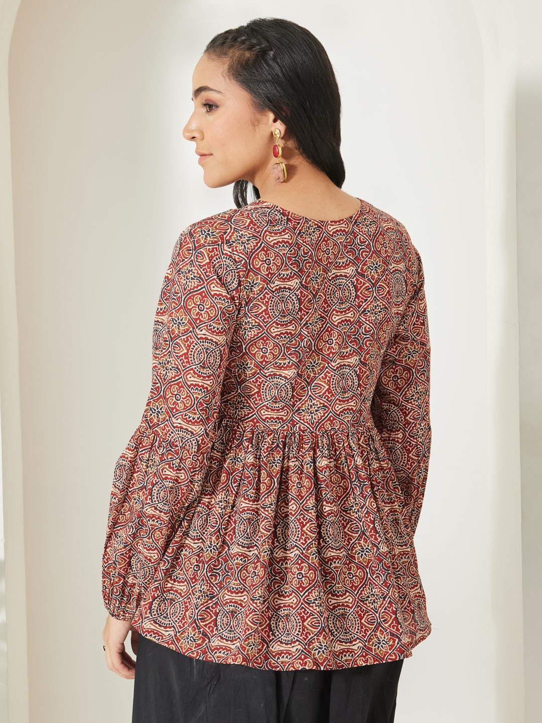 Janasya Women's Red Pure Cotton Ajrakh Printed Peplum Top