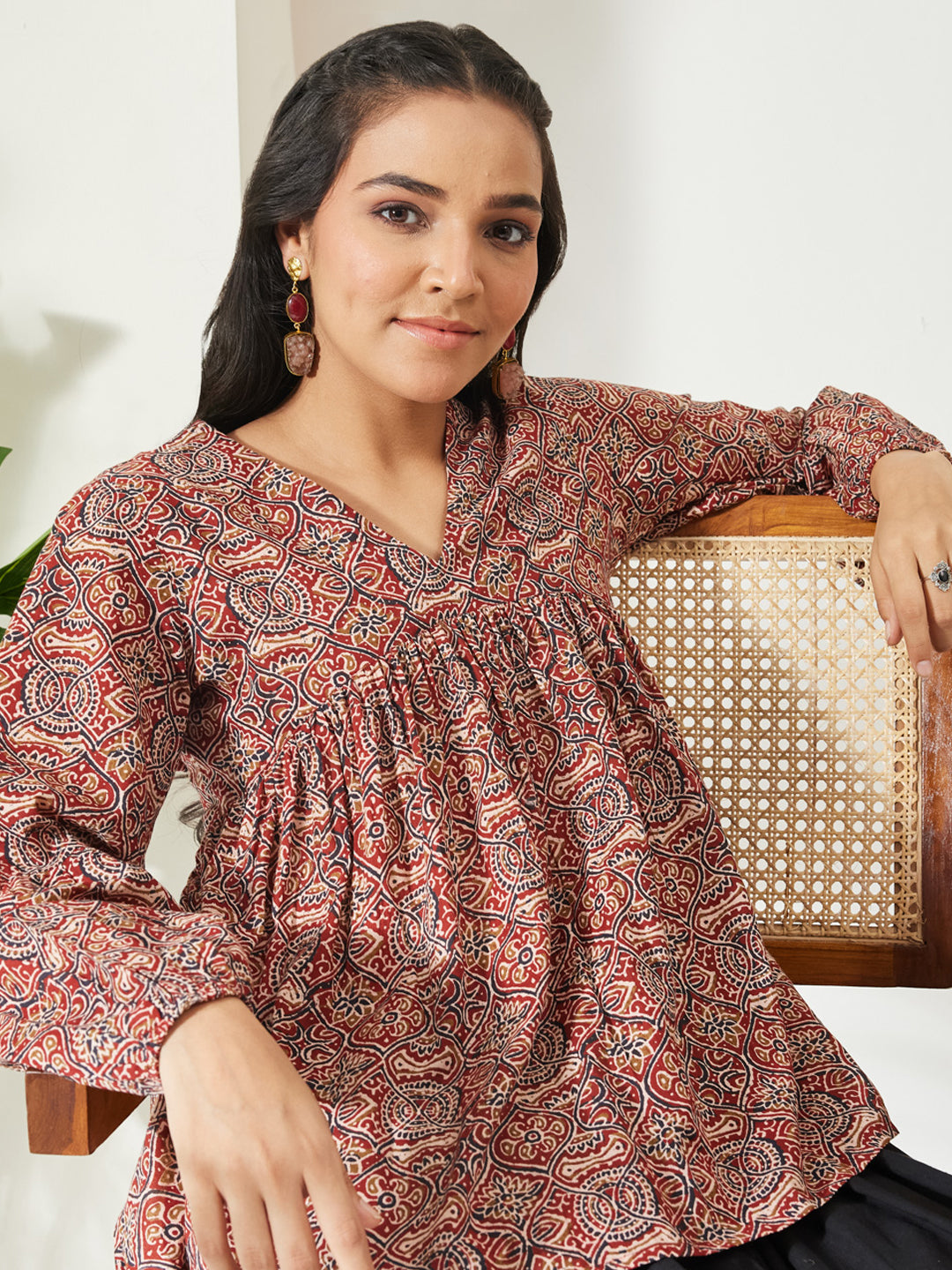 Janasya Women's Red Pure Cotton Ajrakh Printed Peplum Top