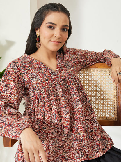 Janasya Women's Red Pure Cotton Ajrakh Printed Peplum Top