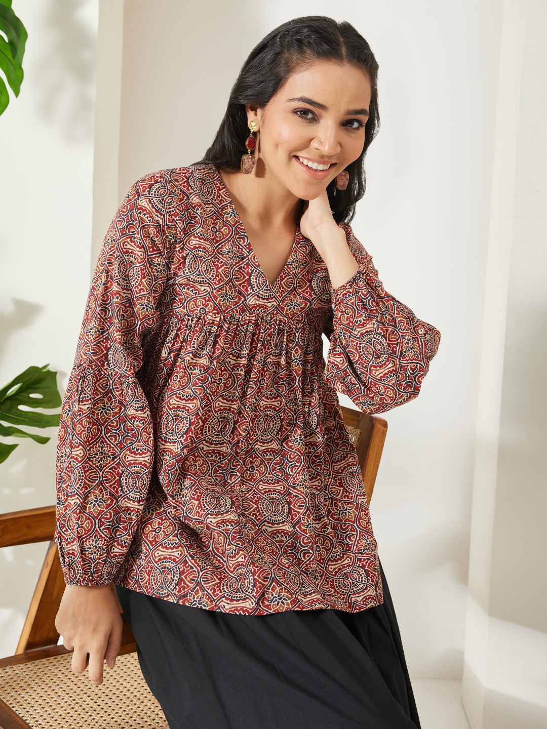 Janasya Women's Red Pure Cotton Ajrakh Printed Peplum Top