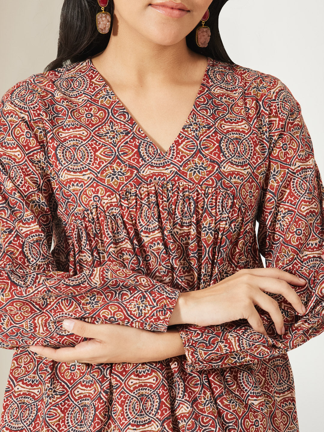 Janasya Women's Red Pure Cotton Ajrakh Printed Peplum Top