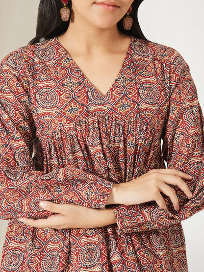 Janasya Women's Red Pure Cotton Ajrakh Printed Peplum Top