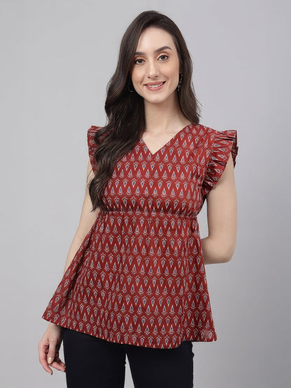 Janasya Women's Maroon Pure Cotton Ethnic Motifs Printed Peplum Top