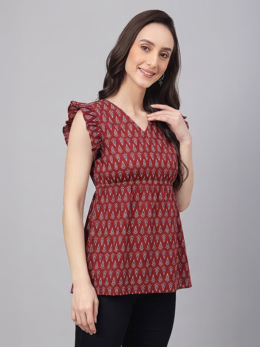 Janasya Women's Maroon Pure Cotton Ethnic Motifs Printed Peplum Top