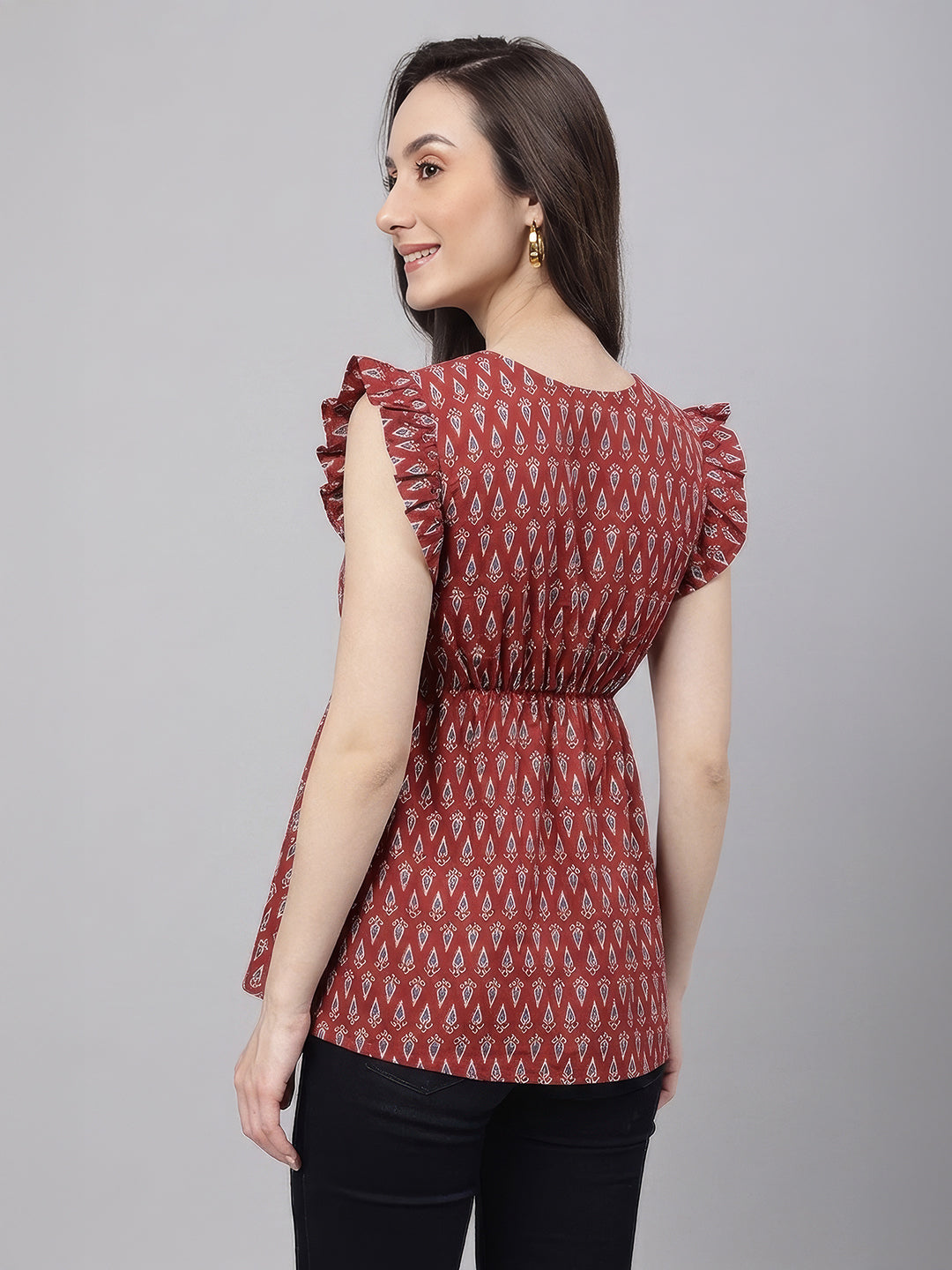 Janasya Women's Maroon Pure Cotton Ethnic Motifs Printed Peplum Top