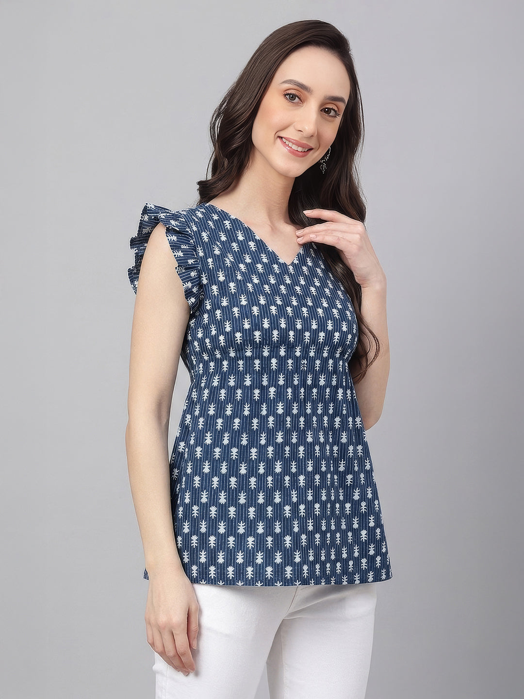 Janasya Women's Indigo Pure Cotton Ethnic Motifs Printed Fit & Flare Top
