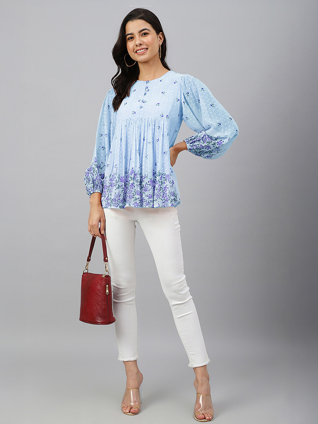 Janasya Women's Sky Blue Dobby Georgette Floral Printed Gathered Top