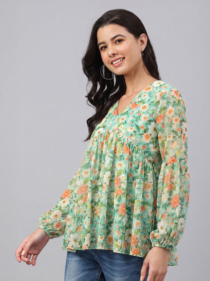 Janasya Women's Green Dobby Georgette Floral Printed Gathered Top