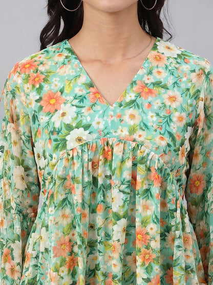 Janasya Women's Green Dobby Georgette Floral Printed Gathered Top
