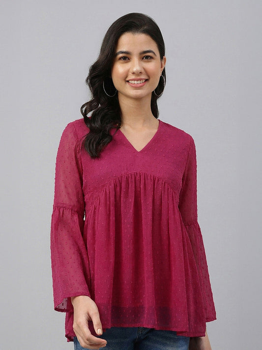 Janasya Women's Pink Dobby Chiffon Solid Gathered A-Line Top
