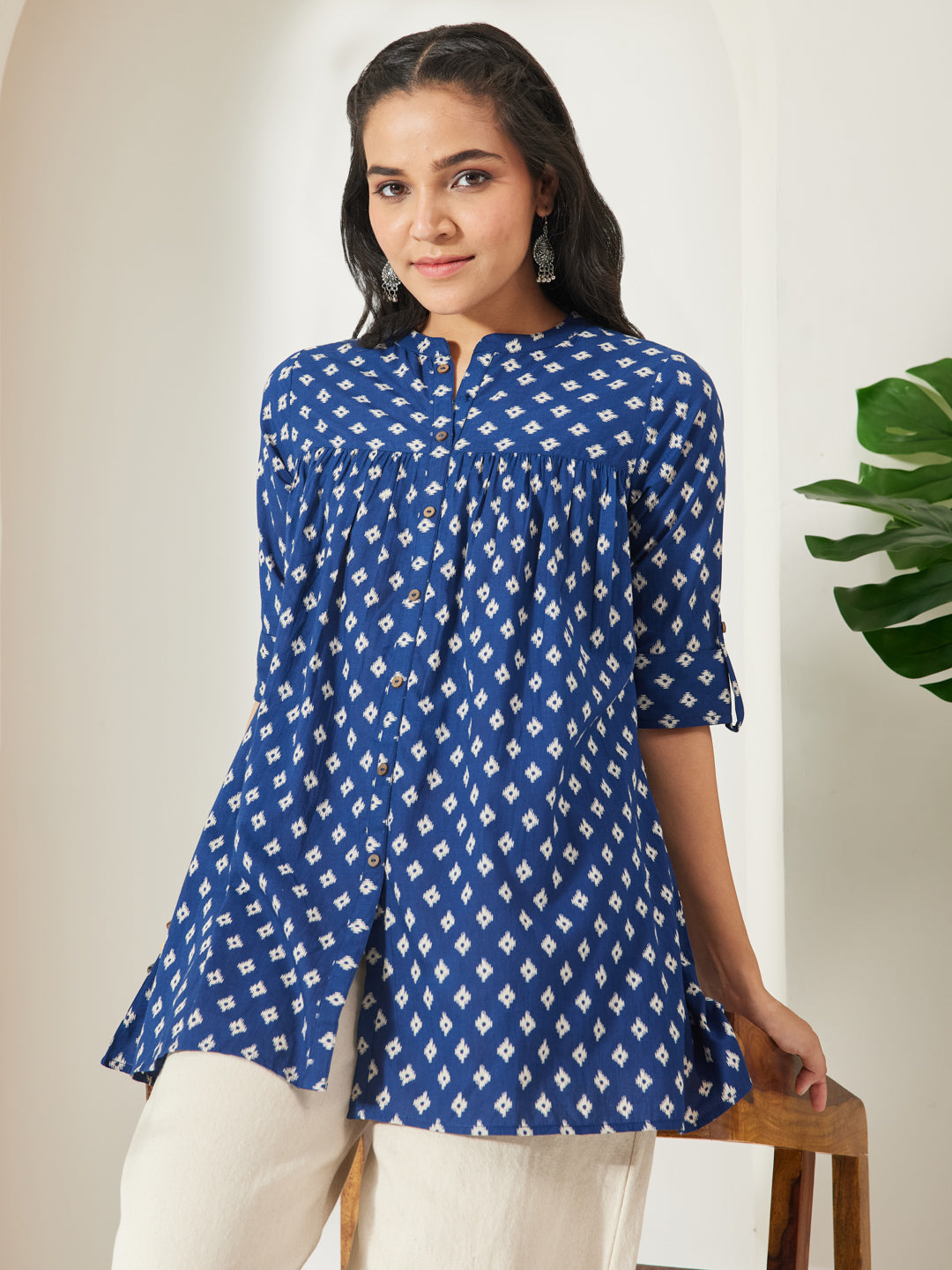 Janasya Women's Navy Blue Pure Cotton Ikkat Printed A-Line Top