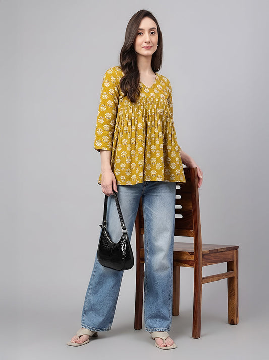 Janasya Women's Mustard Pure Cotton Floral Printed Gathered Top