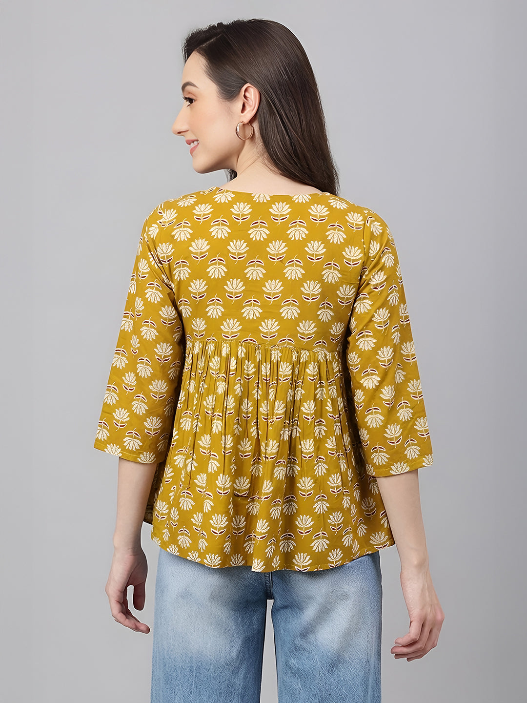 Janasya Women's Mustard Pure Cotton Floral Printed Gathered Top