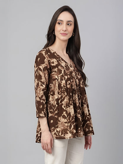Janasya Women's Beige Pure Cotton Floral Printed Peplum Top