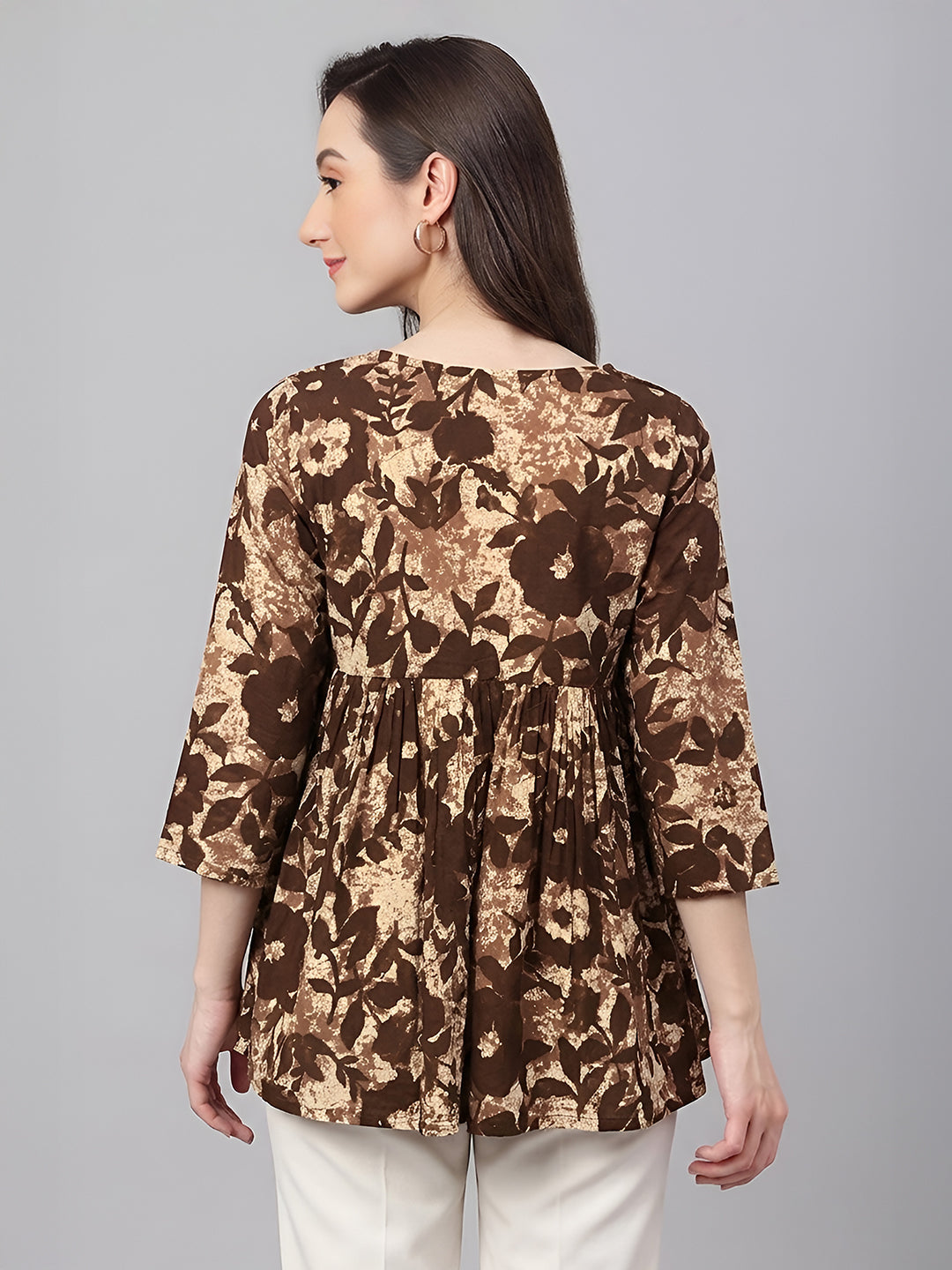 Janasya Women's Beige Pure Cotton Floral Printed Peplum Top