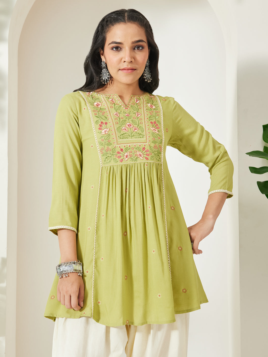 Janasya Women's Lime Green Rayon Yoke Embroidered A-Line Tunic