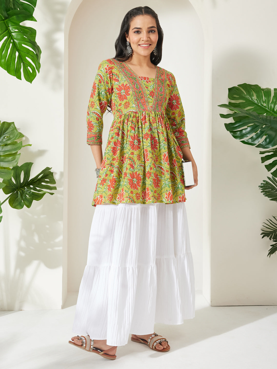 Janasya Women's Lime Green Pure Cotton Floral Printed A-Line Tunic