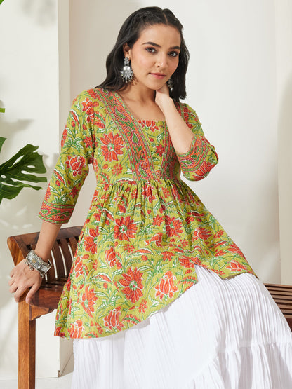 Janasya Women's Lime Green Pure Cotton Floral Printed A-Line Tunic
