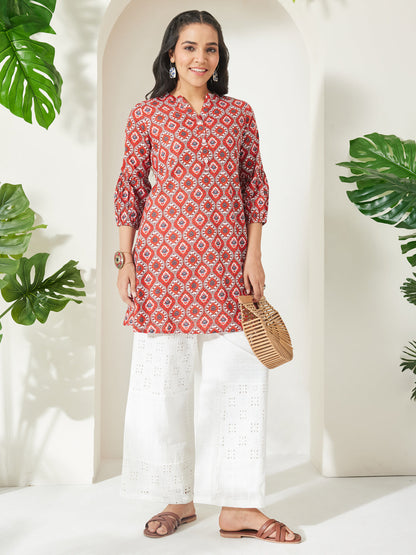 Janasya Women's Red Pure Cotton Ethnic Motifs Printed Straight Tunic
