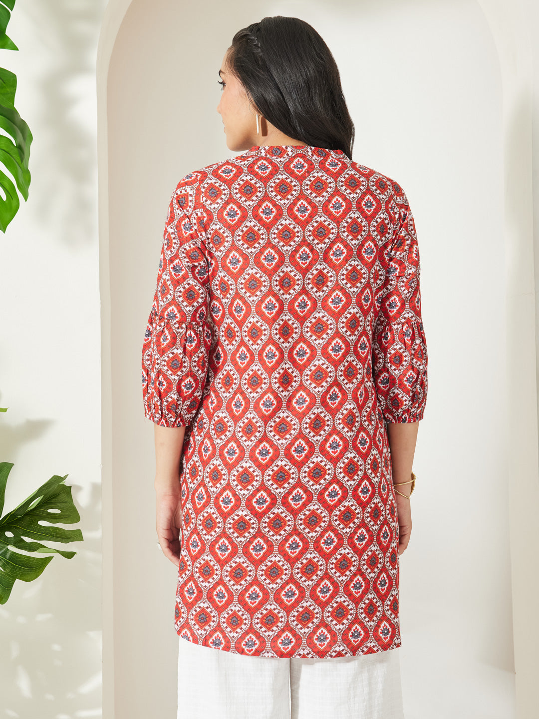 Janasya Women's Red Pure Cotton Ethnic Motifs Printed Straight Tunic