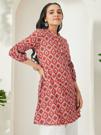 Janasya Women's Red Pure Cotton Ethnic Motifs Printed Straight Tunic