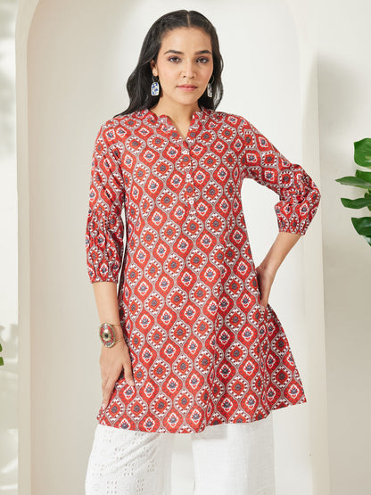 Janasya Women's Red Pure Cotton Ethnic Motifs Printed Straight Tunic