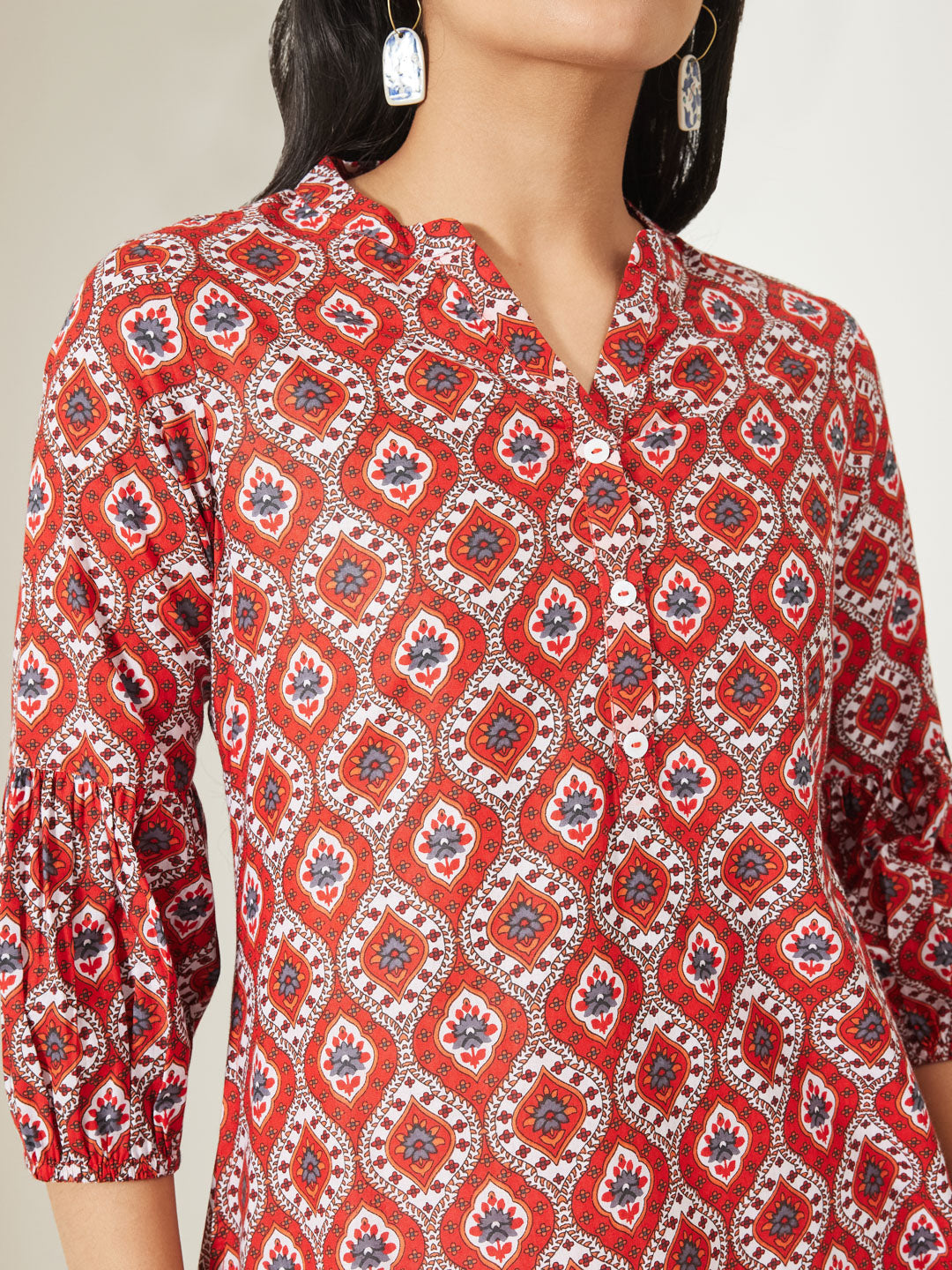 Janasya Women's Red Pure Cotton Ethnic Motifs Printed Straight Tunic