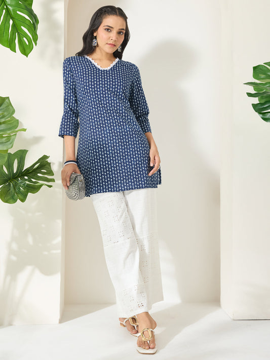 Janasya Women's Indigo Pure Cotton Ethnic Motifs Printed Straight Tunic