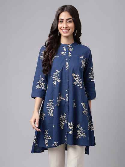 Janasya Women's Navy Blue Pure Cotton Floral Printed A-Line Tunic