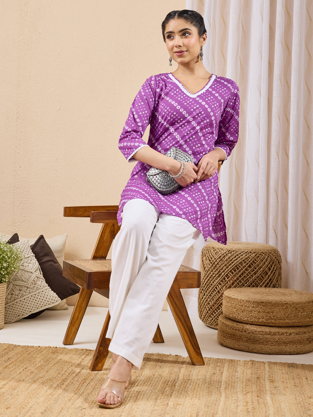 Janasya Women's Purple Pure Cotton Bandhani Printed Straight Tunic