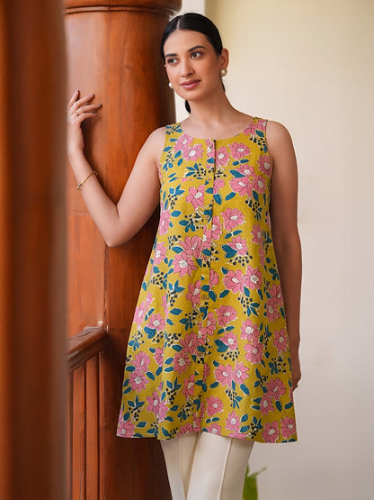 Janasya Women's Yellow Pure Cotton Floral Printed A-Line Tunic