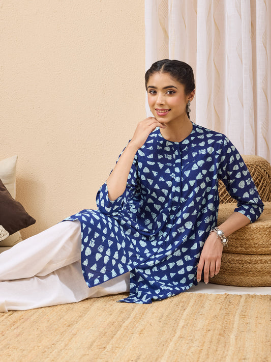 Janasya Women's Blue Pure Cotton Printed A-line Tunic