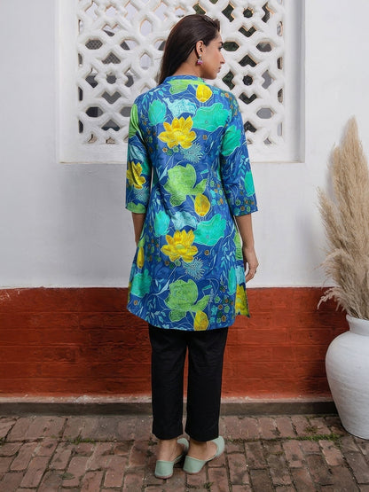 Janasya Women's Blue Pure Cotton Floral Printed A-Line Tunic