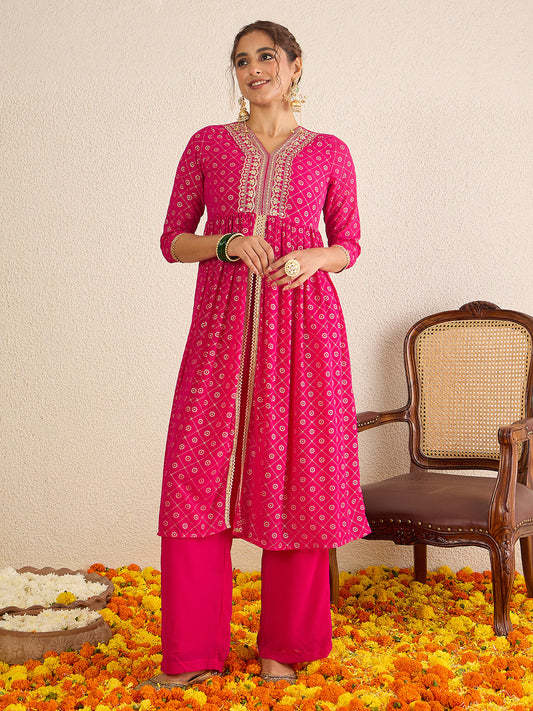 Janasya Women's Pink Georgette Foil Printed Embellished A-Line Front-Open Kurta with Palazzo Set