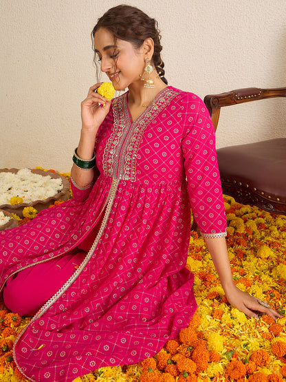 Janasya Women's Pink Georgette Foil Printed Embellished A-Line Front-Open Kurta with Palazzo Set