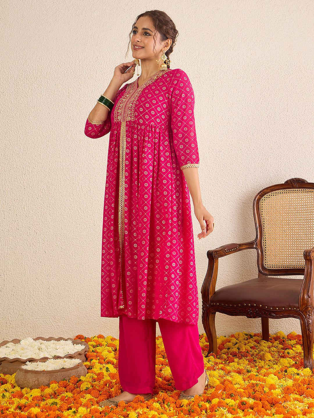 Janasya Women's Pink Georgette Foil Printed Embellished A-Line Front-Open Kurta with Palazzo Set