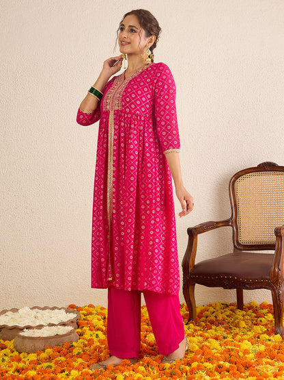 Janasya Women's Pink Georgette Foil Printed Embellished A-Line Front-Open Kurta with Palazzo Set