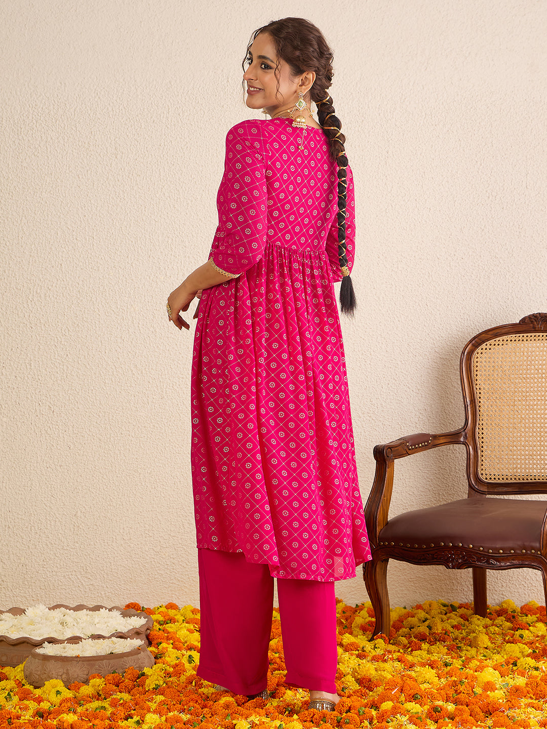 Janasya Women's Pink Georgette Foil Printed Embellished A-Line Front-Open Kurta with Palazzo Set
