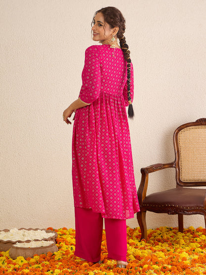 Janasya Women's Pink Georgette Foil Printed Embellished A-Line Front-Open Kurta with Palazzo Set