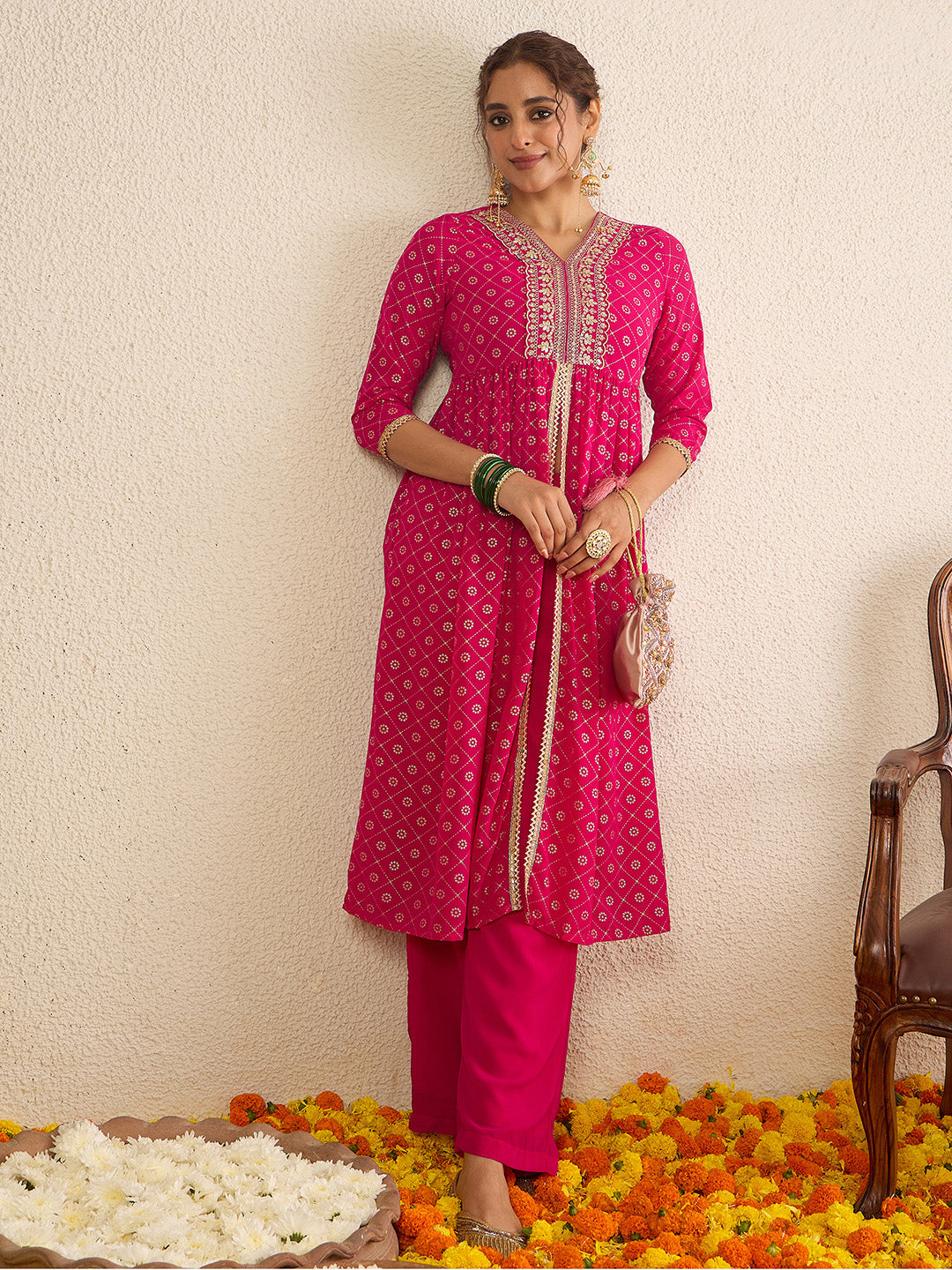 Janasya Women's Pink Georgette Foil Printed Embellished A-Line Front-Open Kurta with Palazzo Set