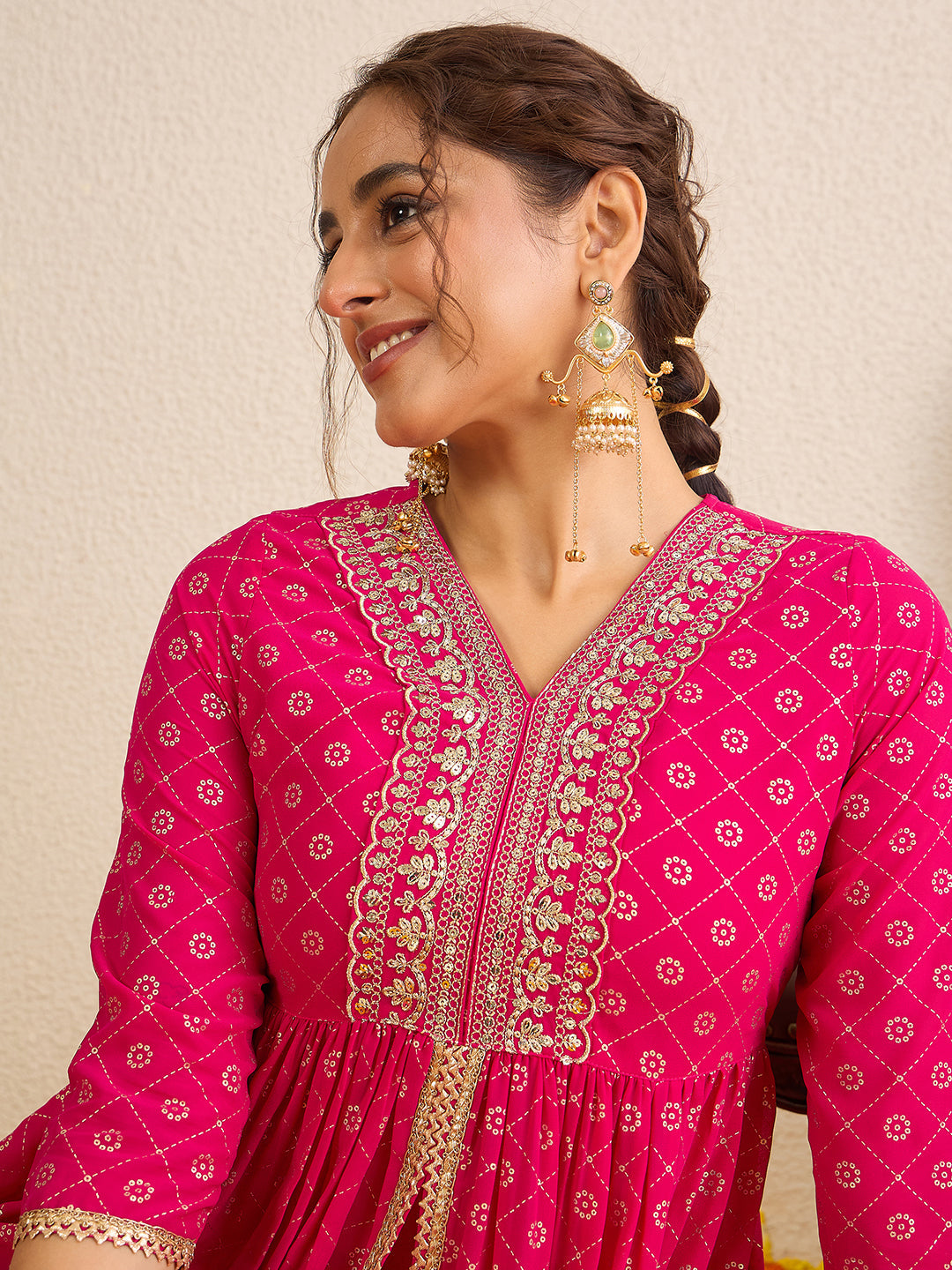 Janasya Women's Pink Georgette Foil Printed Embellished A-Line Front-Open Kurta with Palazzo Set