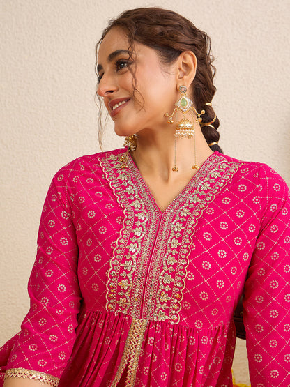 Janasya Women's Pink Georgette Foil Printed Embellished A-Line Front-Open Kurta with Palazzo Set
