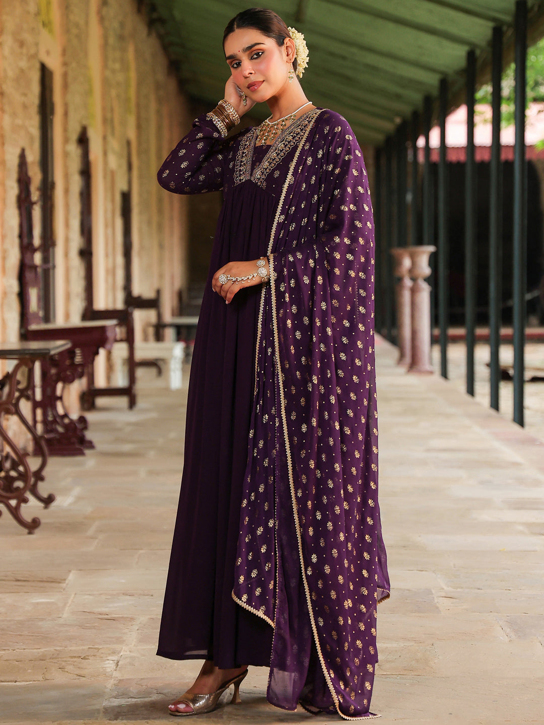 Janasya Women's Purple Georgette Embellished Foil Printed Gathered Kurta With Dupatta Set