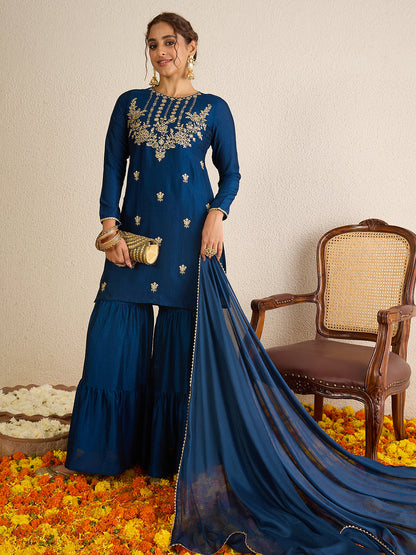 Janasya Women's Teal Blue Silk Blend Floral Zari Embroidered Straight Kurta with Sharara and Dupatta Set