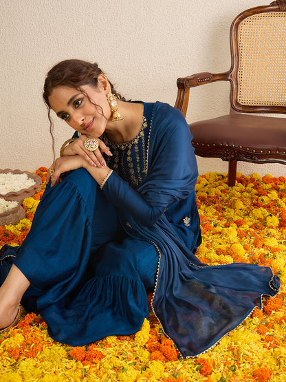 Janasya Women's Teal Blue Silk Blend Floral Zari Embroidered Straight Kurta with Sharara and Dupatta Set