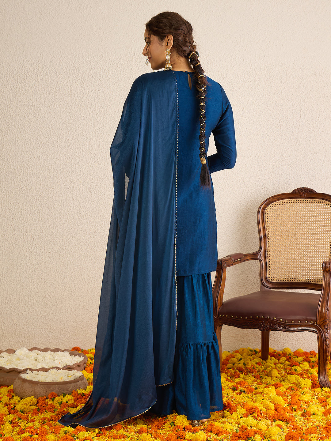 Janasya Women's Teal Blue Silk Blend Floral Zari Embroidered Straight Kurta with Sharara and Dupatta Set