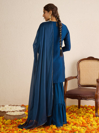 Janasya Women's Teal Blue Silk Blend Floral Zari Embroidered Straight Kurta with Sharara and Dupatta Set