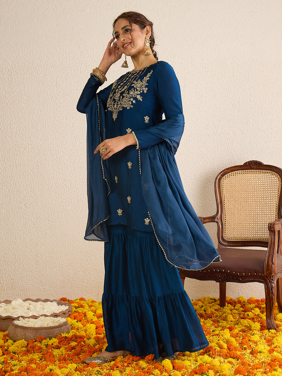 Janasya Women's Teal Blue Silk Blend Floral Zari Embroidered Straight Kurta with Sharara and Dupatta Set