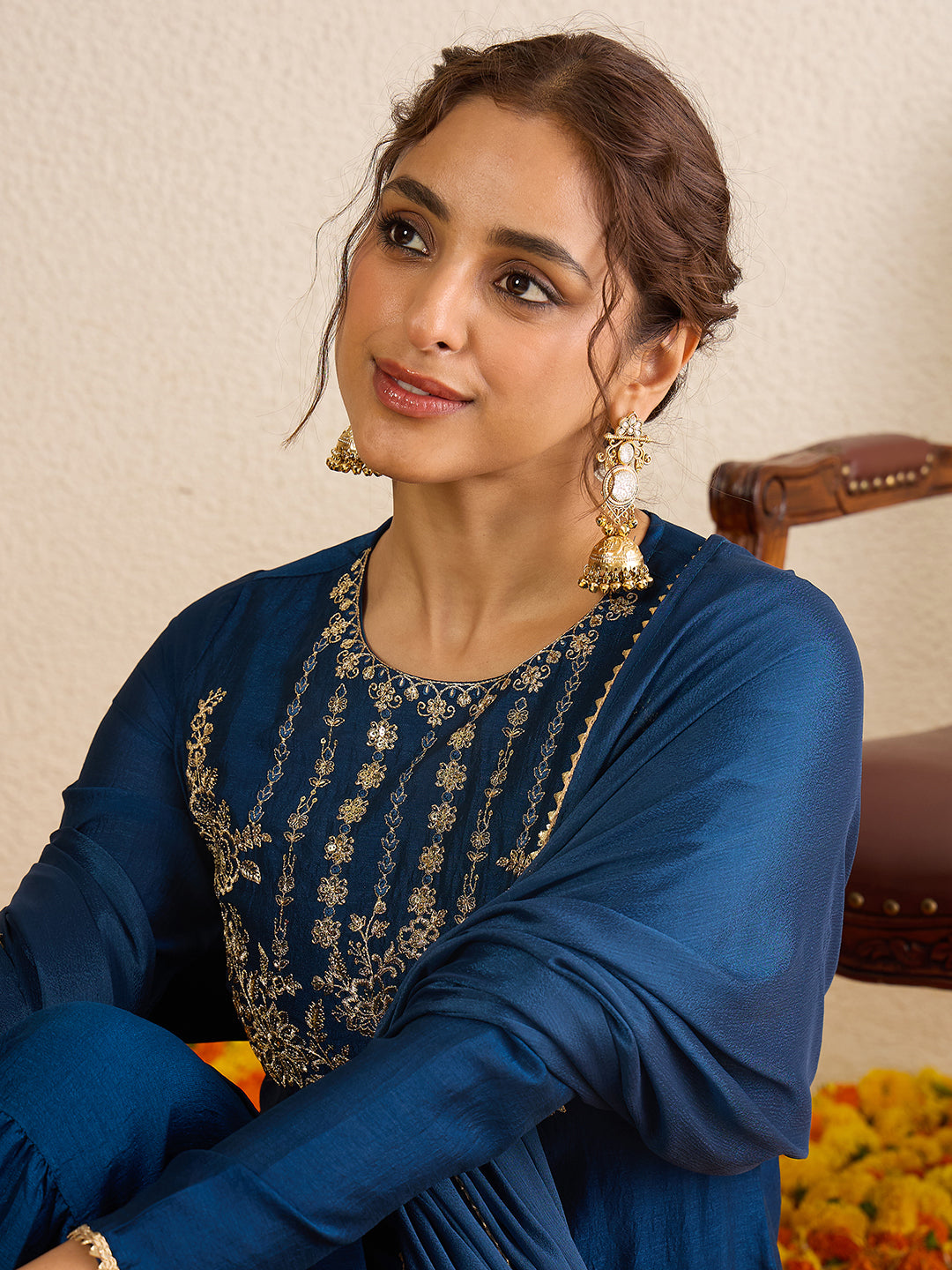Janasya Women's Teal Blue Silk Blend Floral Zari Embroidered Straight Kurta with Sharara and Dupatta Set