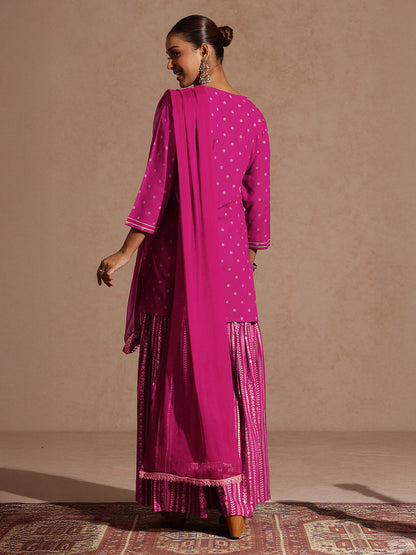 Janasya Women's Pink Rayon Gold Foil Printed Kurti With Sharara & Dupatta Set